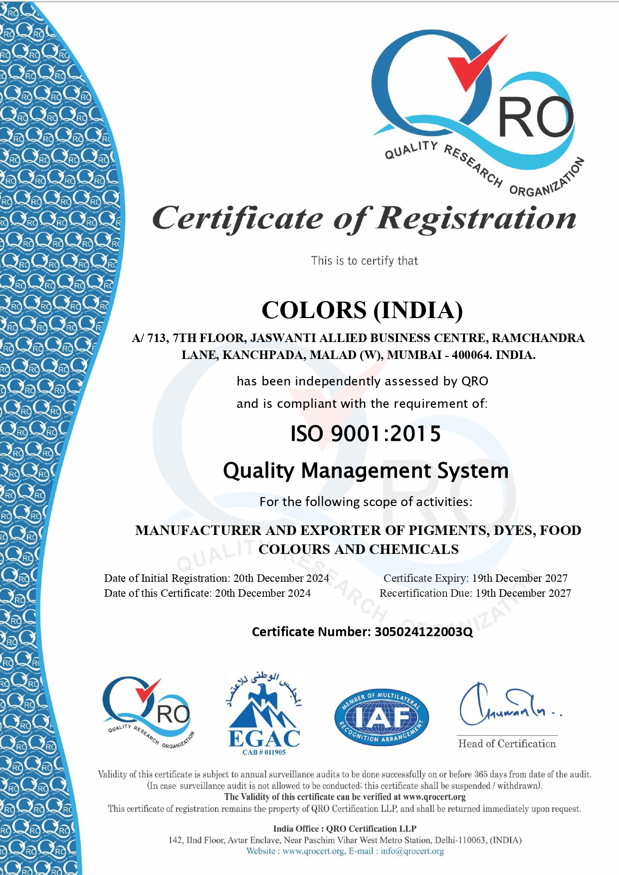 Colors India ISO 9001:2015 Certificate of Registration